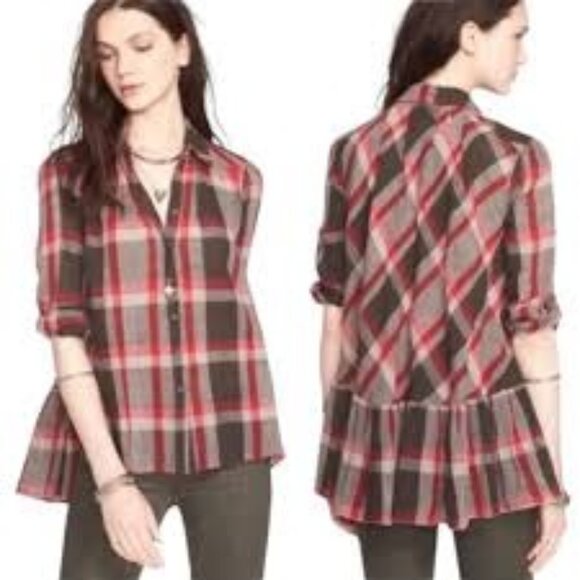 Free People Peppy In Plaid Gray Red Button Up Ruffle Back Oversized Blouse - Picture 2 of 11